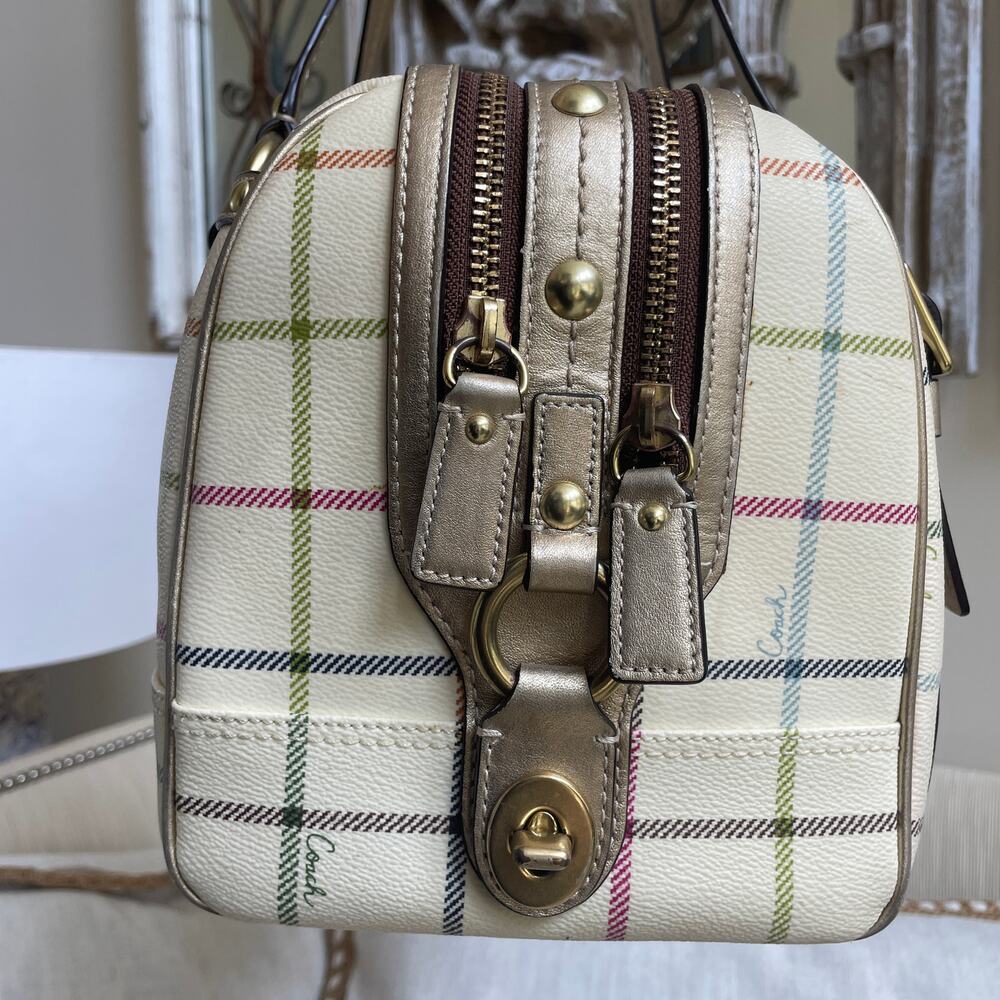 Rare Coach Heritage Stripe Tattersall Gold XL Satchel 13040 Plaid, Metallic NWOT - Picture 4 of 10